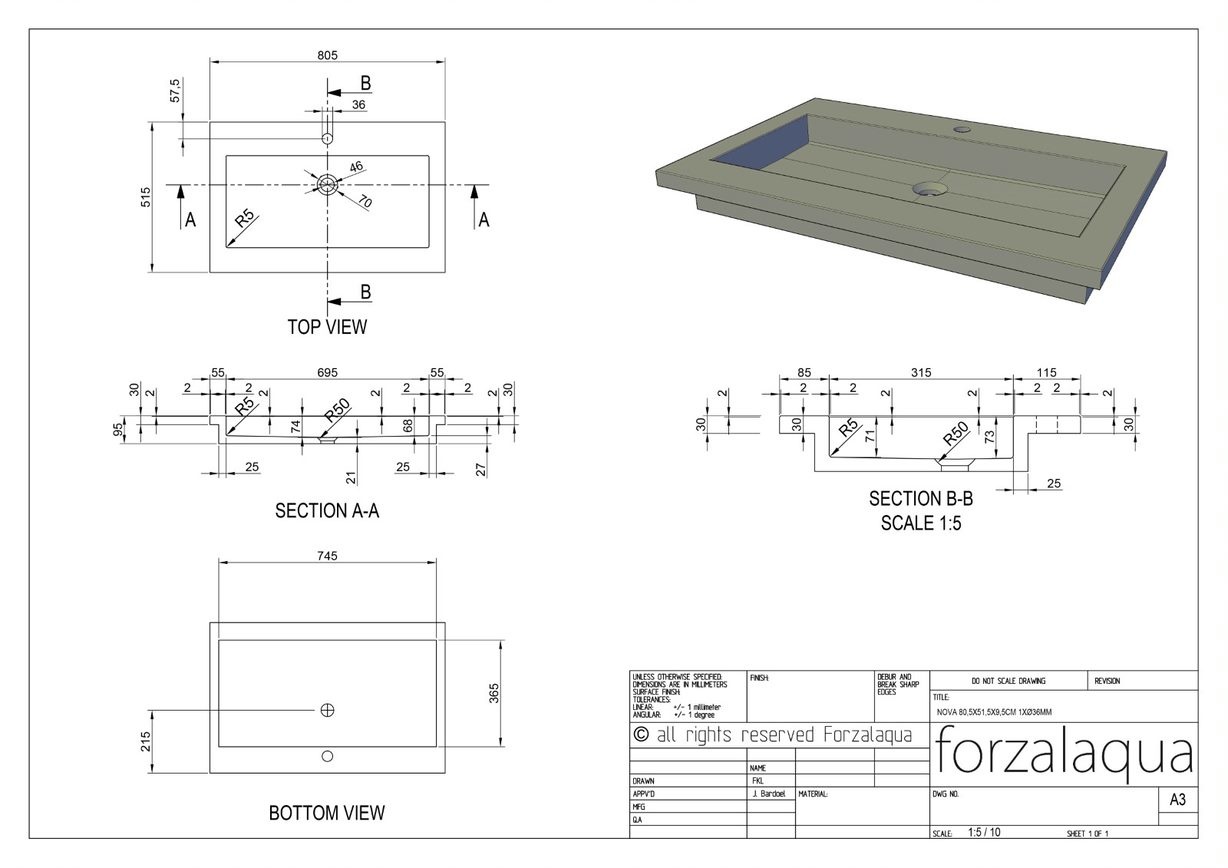 Forzalaqua Nova Wastafel Graniet Gezoet - 80,5x51,5x9,5 cm