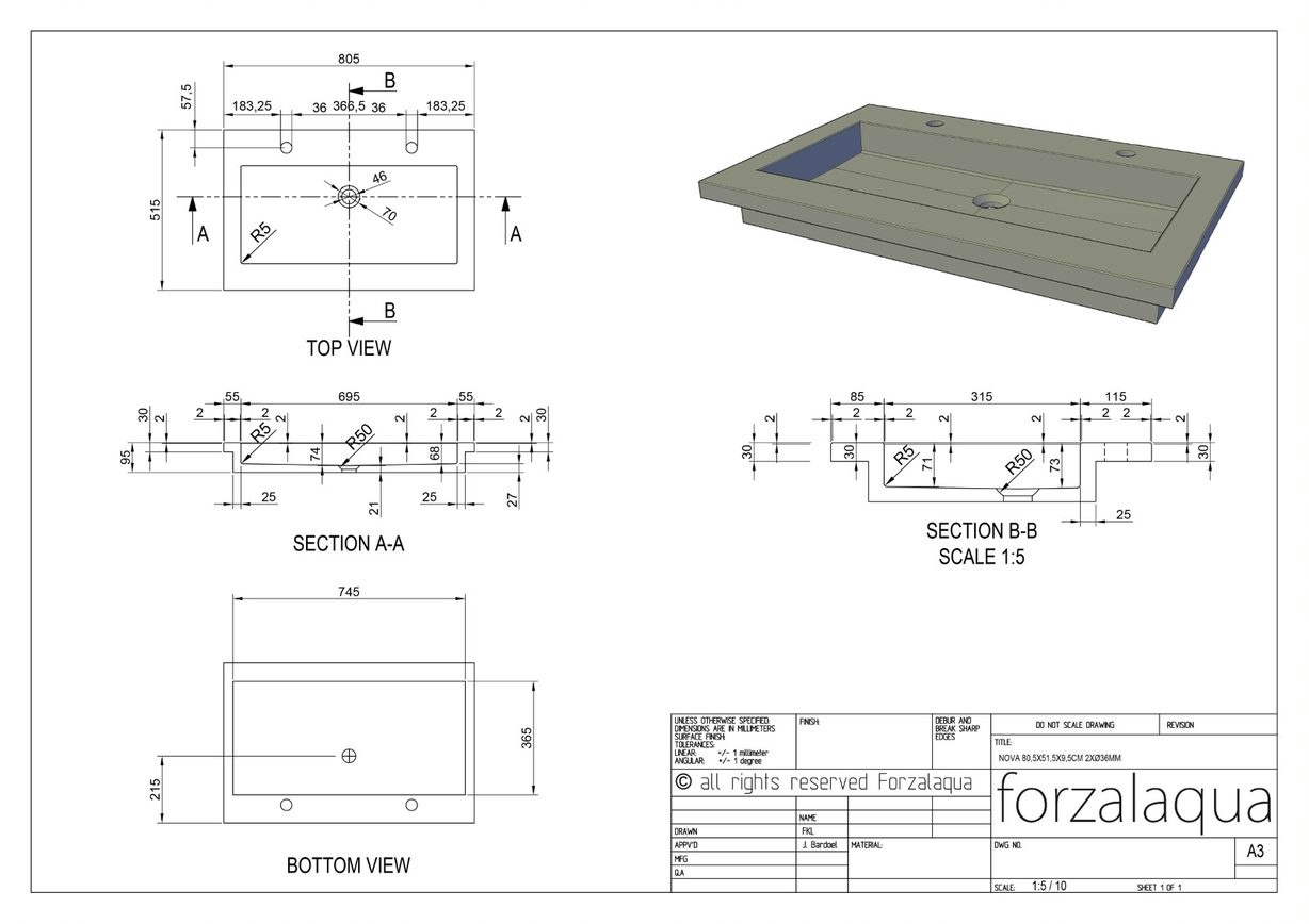 Forzalaqua Nova Wastafel Graniet Gezoet - 80,5x51,5x9,5 cm