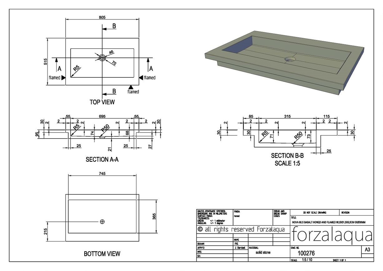 Forzalaqua Nova Wastafel Graniet Gezoet - 80,5x51,5x9,5 cm