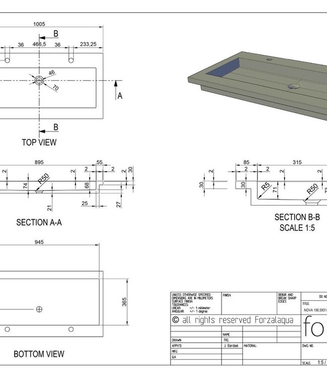 Forzalaqua Nova Wastafel Graniet Gezoet - 100,5x51,5x9,5 cm