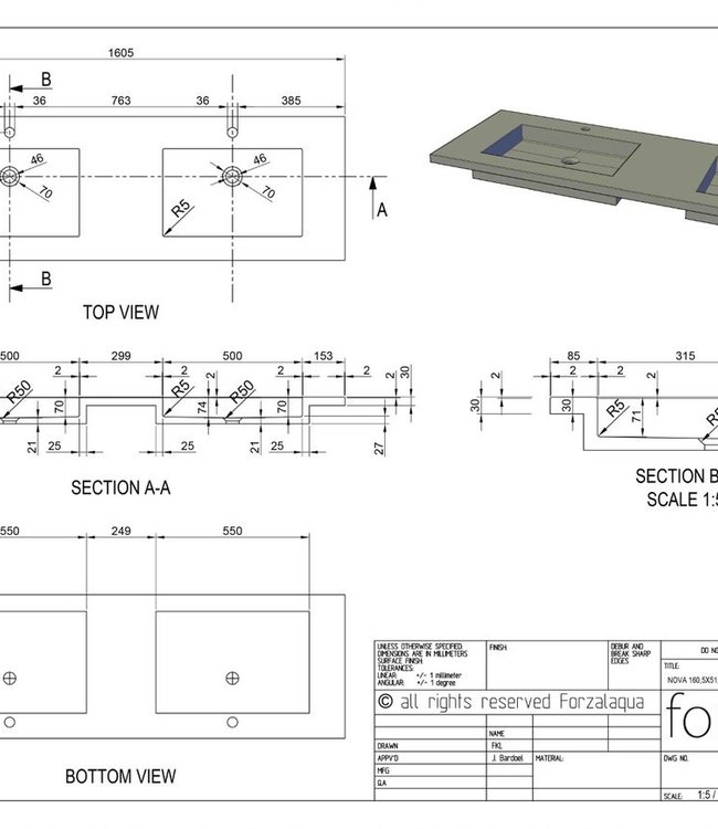 Forzalaqua Nova Doppio Wastafel - Graniet Gezoet - 160,5x51,5x9,5 cm