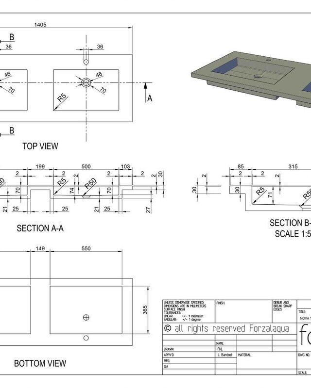 Forzalaqua Nova Doppio Wastafel - Graniet Gezoet & Gebrand - 140,5x51,5x9,5 cm