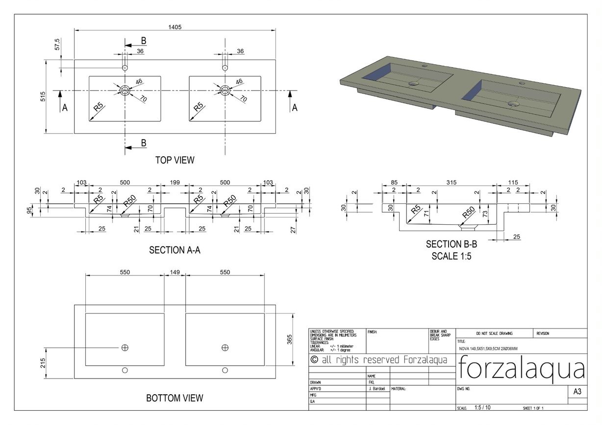 Forzalaqua Nova Doppio Wastafel - Graniet Gezoet & Gebrand - 140,5x51,5x9,5 cm
