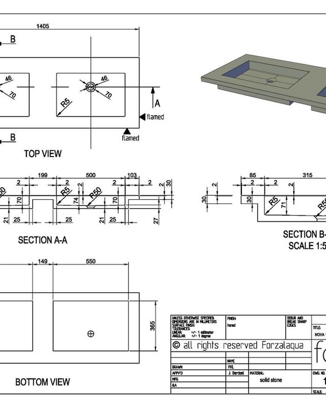Forzalaqua Nova Doppio Wastafel - Graniet Gezoet & Gebrand - 140,5x51,5x9,5 cm