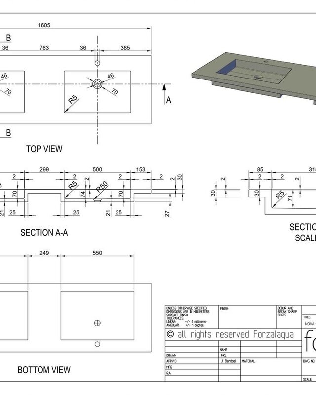 Forzalaqua Nova Doppio Wastafel - Graniet Gezoet & Gebrand - 160,5x51,5x9,5 cm