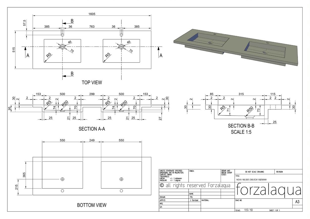 Forzalaqua Nova Doppio Wastafel - Graniet Gezoet & Gebrand - 160,5x51,5x9,5 cm