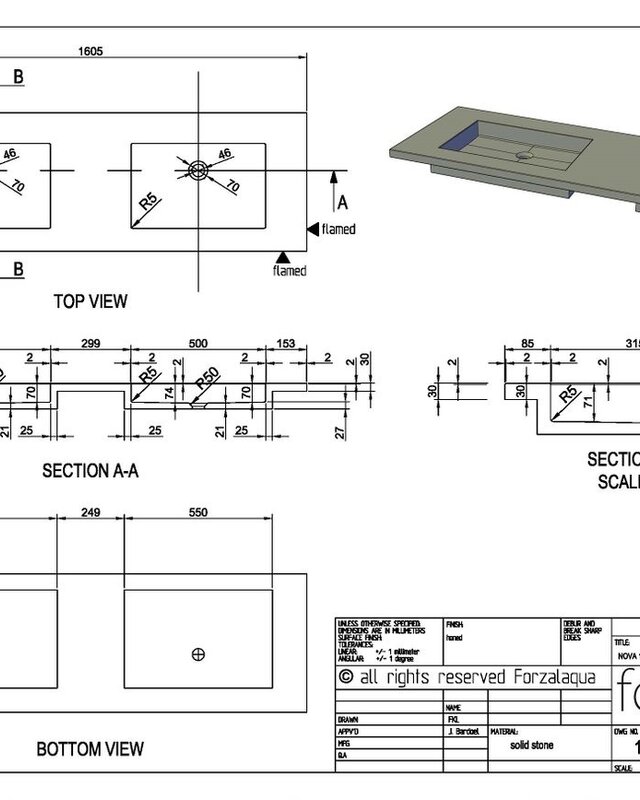 Forzalaqua Nova Doppio Wastafel - Graniet Gezoet & Gebrand - 160,5x51,5x9,5 cm