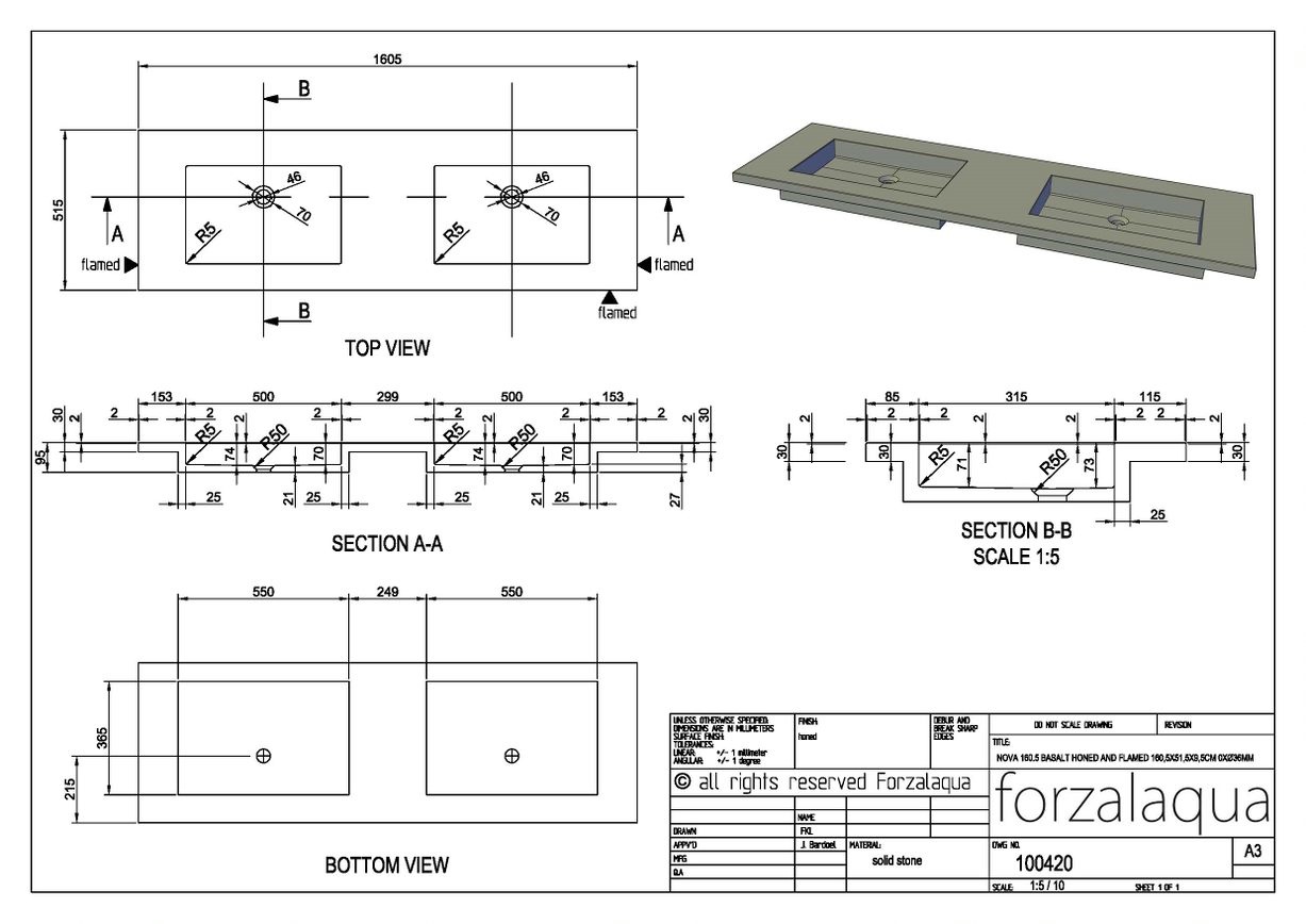 Forzalaqua Nova Doppio Wastafel - Graniet Gezoet & Gebrand - 160,5x51,5x9,5 cm