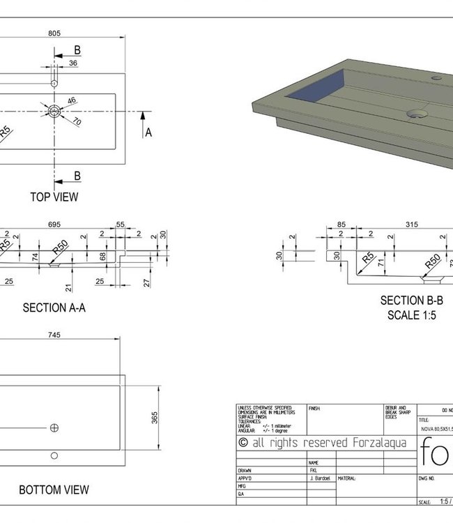 Forzalaqua Nova Wastafel Graniet Gezoet & Gefrijnd - 80,5x51,5x9,5 cm