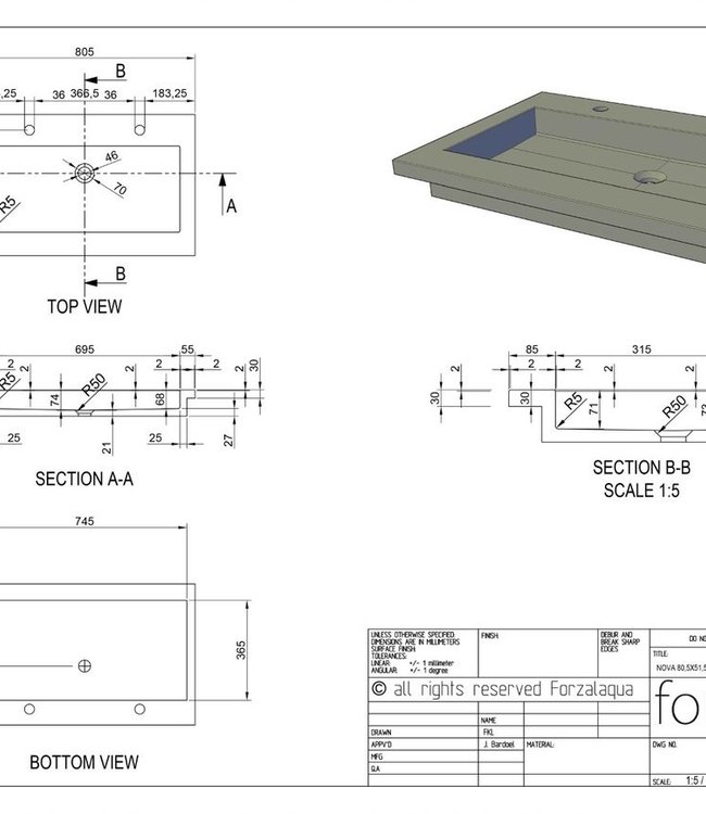 Forzalaqua Nova Wastafel Graniet Gezoet & Gefrijnd - 80,5x51,5x9,5 cm