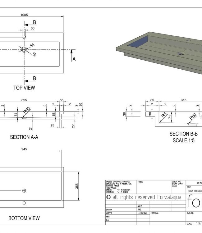 Forzalaqua Nova Wastafel Graniet Gezoet & Gefrijnd - 100,5x51,5x9,5 cm