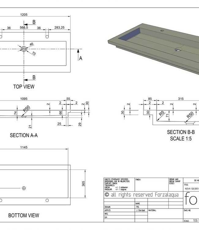 Forzalaqua Nova Wastafel Graniet Gezoet & Gefrijnd - 120,5x51,5x9,5
