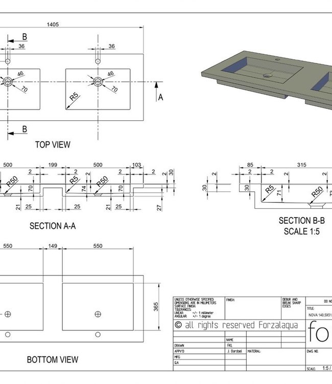 Forzalaqua Nova Doppio Wastafel - Graniet Gezoet & Gefrijnd 140,5x51,5x9,5 cm