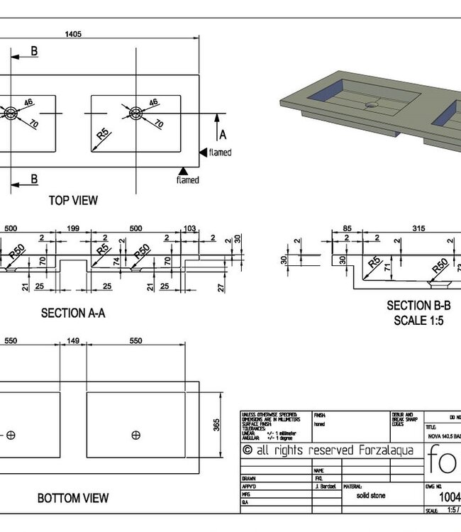 Forzalaqua Nova Doppio Wastafel - Graniet Gezoet & Gefrijnd 140,5x51,5x9,5 cm