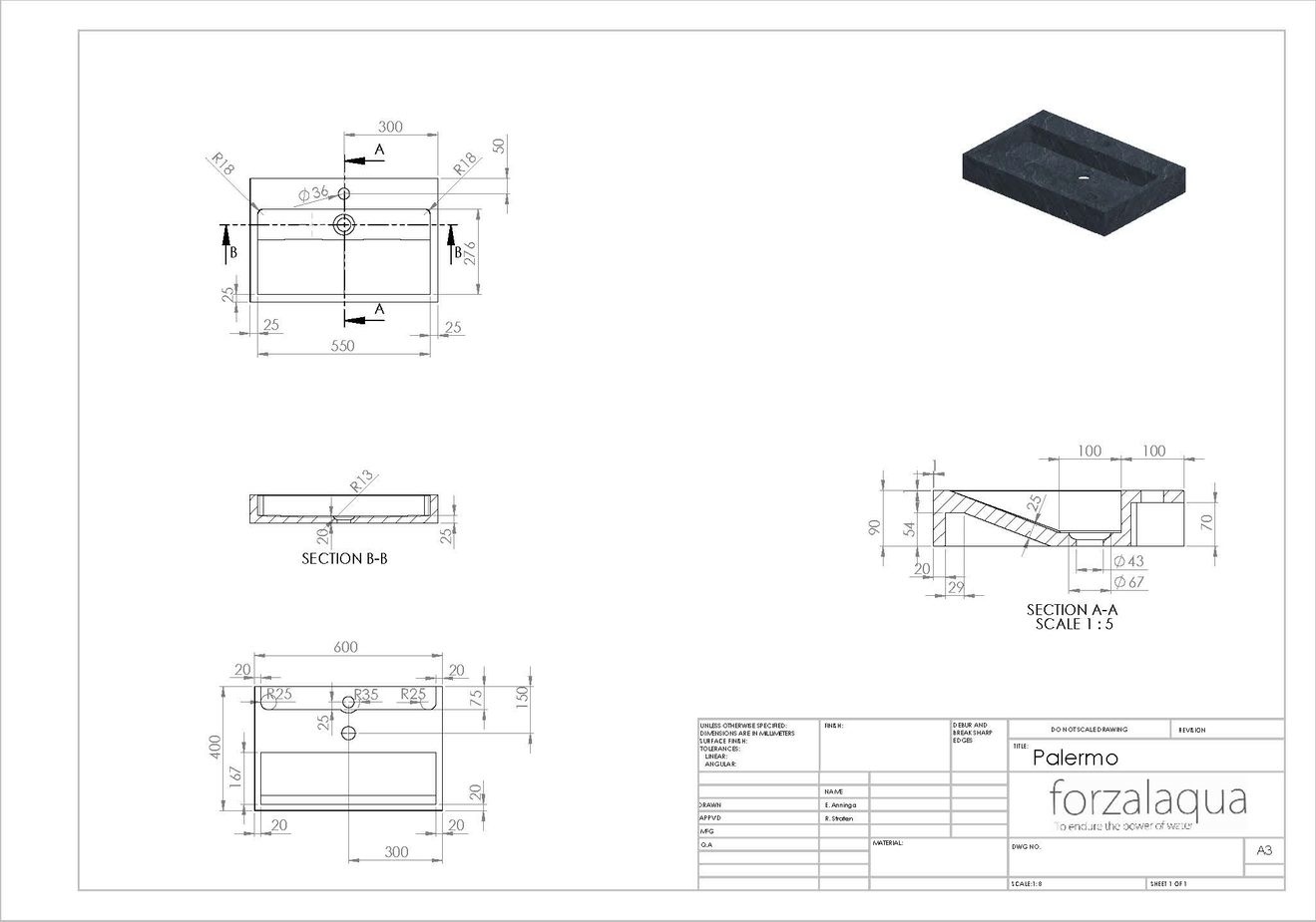 Forzalaqua Palermo Wastafel - Carrara Gepolijst - 60x40x9 cm