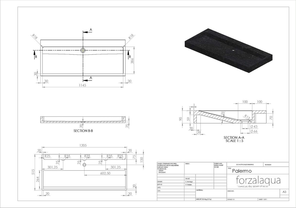 Forzalaqua Palermo Wastafel - Carrara Gepolijst - 120,5x51,5x9 cm