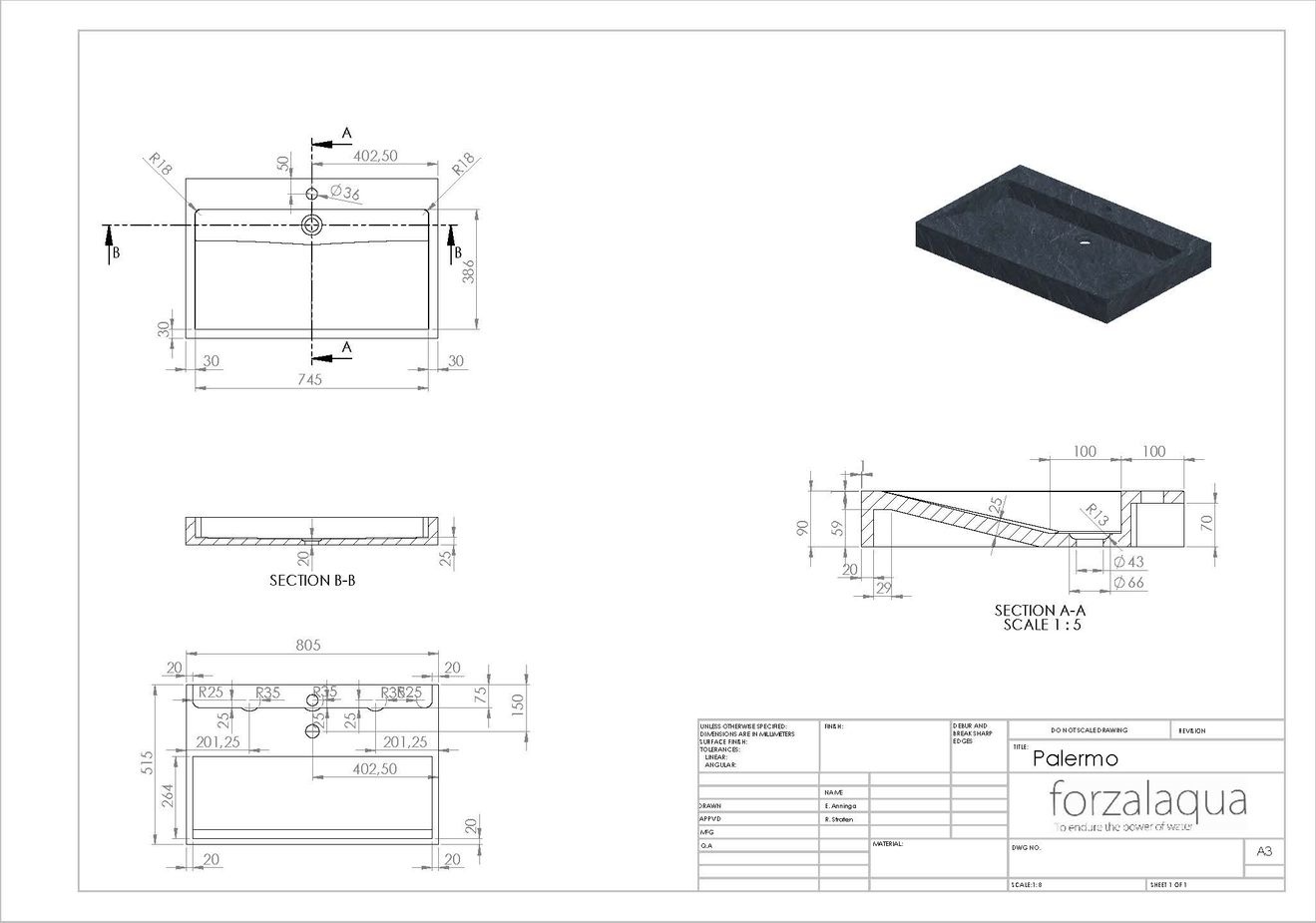 Forzalaqua Palermo Wastafel - Carrara Gepolijst & Gekapt - 80,5x51,5x9 cm
