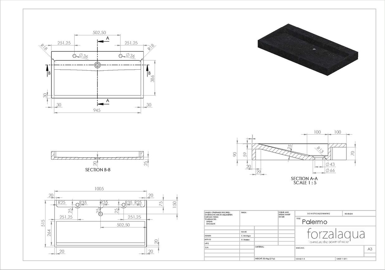 Forzalaqua Palermo Wastafel - Graniet Gezoet & Gebrand - 100,5x51,5x9 cm