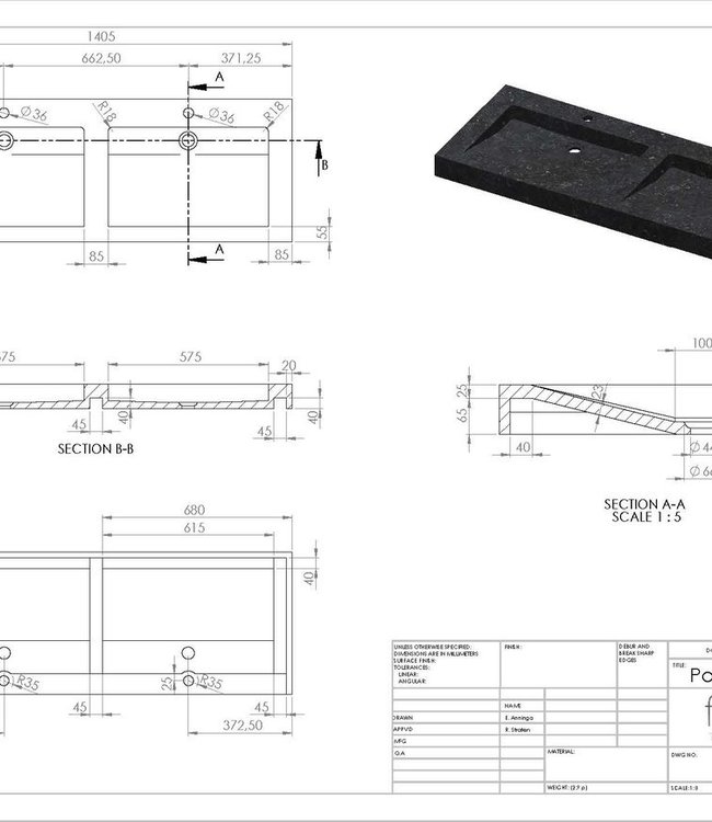 Forzalaqua Palermo Doppio Wastafel - Graniet Gezoet & Gebrand- 140,5x51,5x9 cm