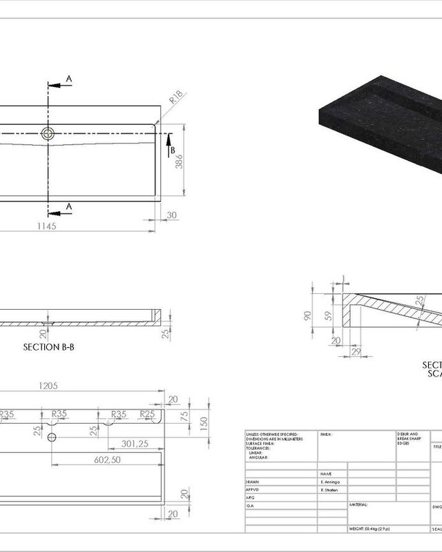 Forzalaqua Palermo Wastafel - Graniet Gezoet & Gekapt - 120,5x51,5x9 cm