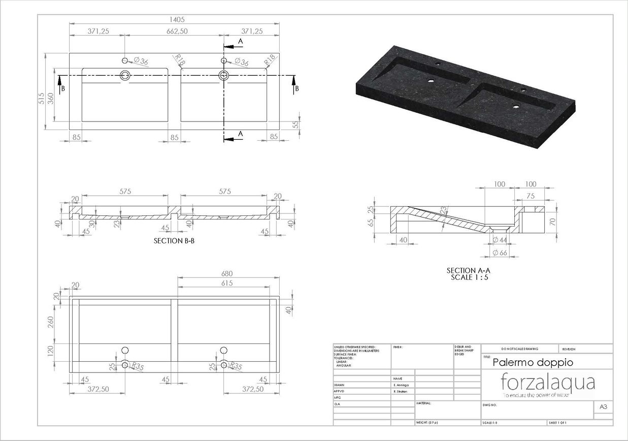 Forzalaqua Palermo Doppio Wastafel - Travertin Gezoet - 140,5x51,5x9 cm