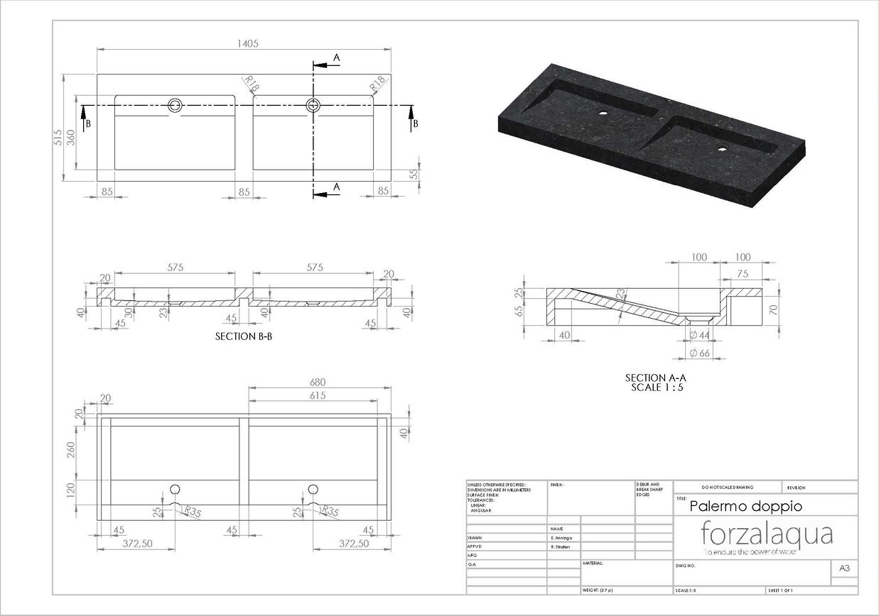 Forzalaqua Palermo Doppio Wastafel - Travertin Gezoet - 140,5x51,5x9 cm