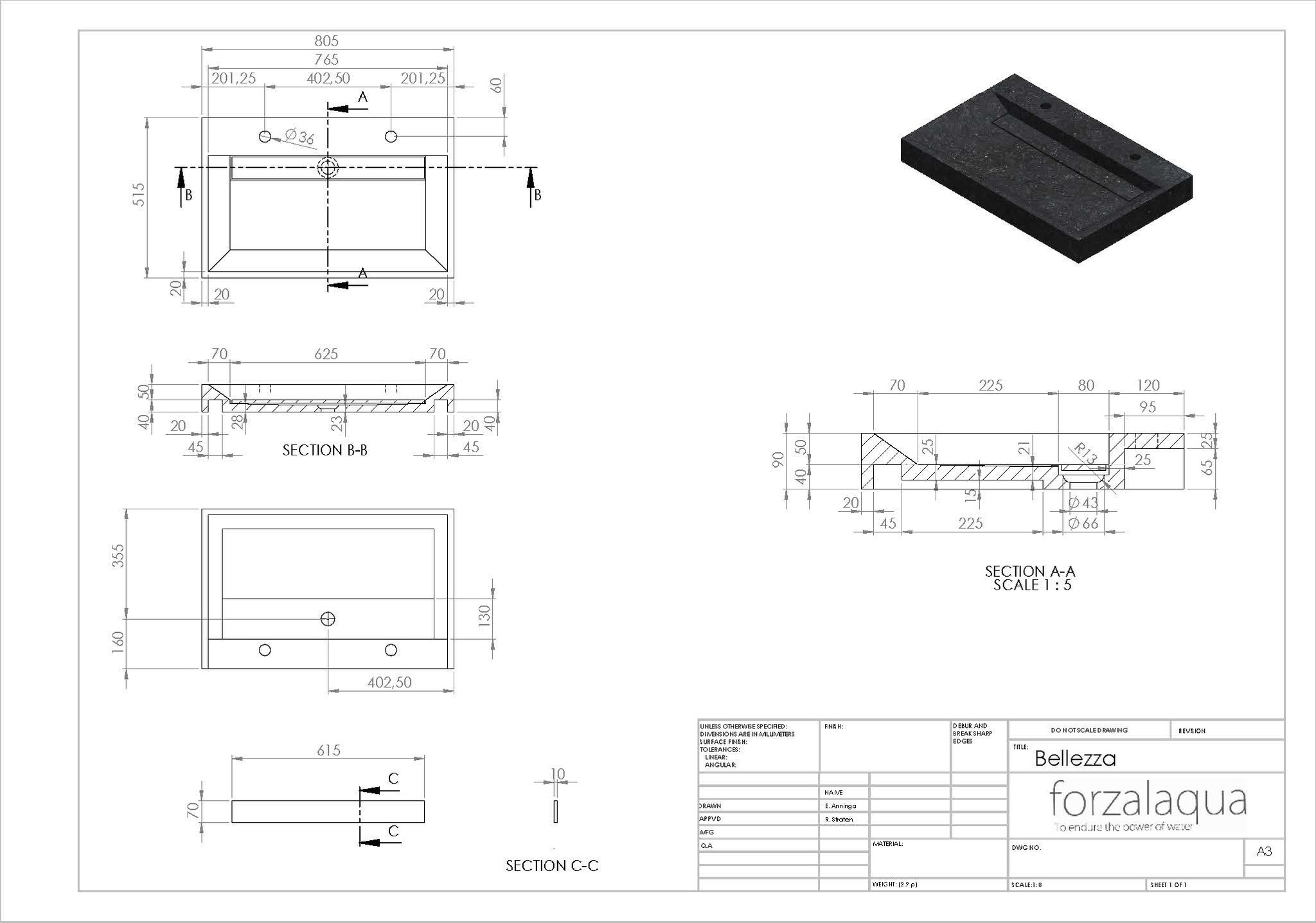 Forzalaqua Bellezza Wastafel - Carrara Gepolijst - 80,5x51,5x9 cm