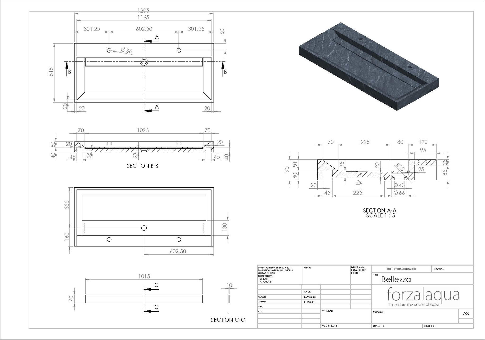 Forzalaqua Bellezza Wastafel - Carrara Gepolijst - 120,5x51,5x9 cm