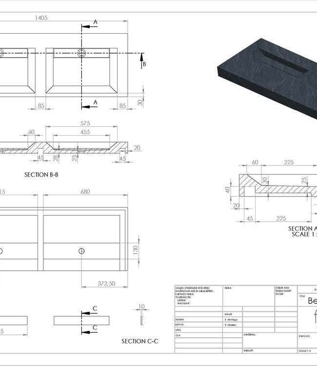 Forzalaqua Bellezza Doppio Wastafel - Carrara Gepolijst - 140,5x51,5x9 cm