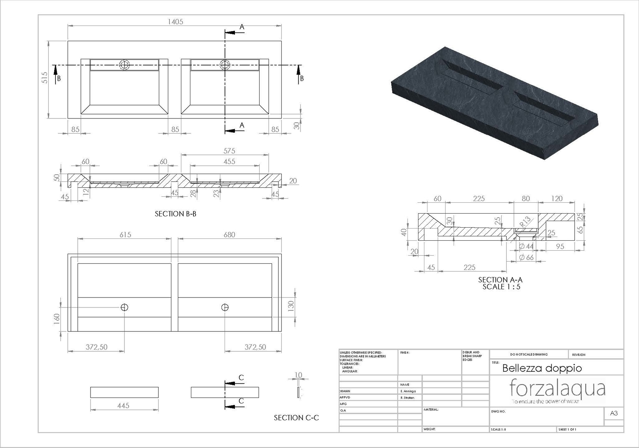 Forzalaqua Bellezza Doppio Wastafel - Carrara Gepolijst - 140,5x51,5x9 cm