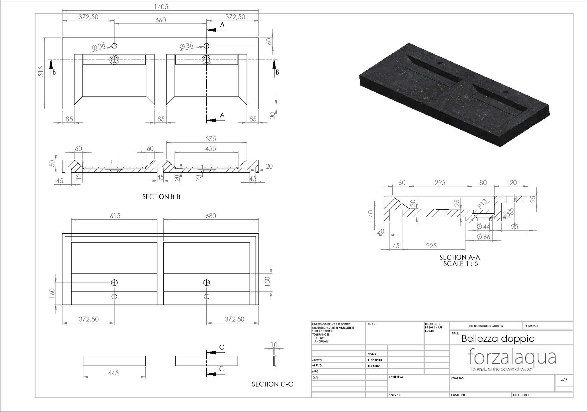 Forzalaqua Bellezza Doppio Wastafel - Carrara Gepolijst - 140,5x51,5x9 cm