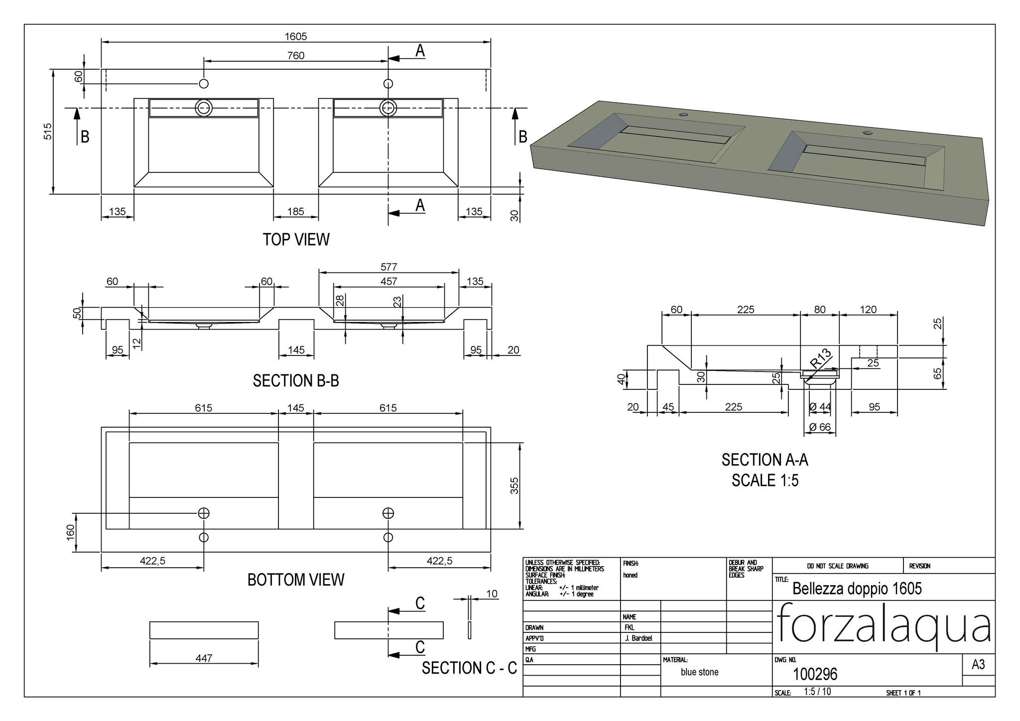 Forzalaqua Bellezza Doppio Wastafel - Cloudy Marmer Gezoet - 160,5x51,5x9 cm