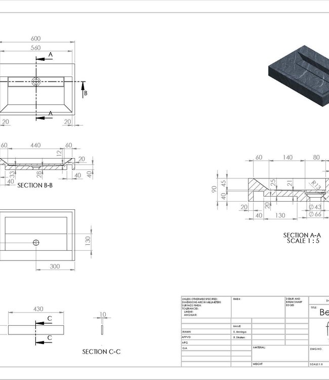 Forzalaqua Bellezza Wastafel - Graniet Gezoet - 60x40x9 cm