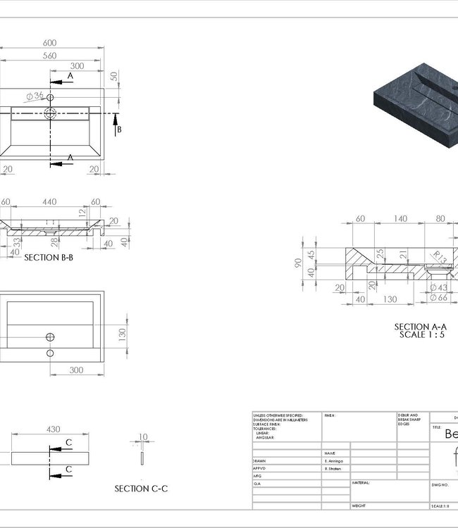 Forzalaqua Bellezza Wastafel - Graniet Gezoet - 60x40x9 cm