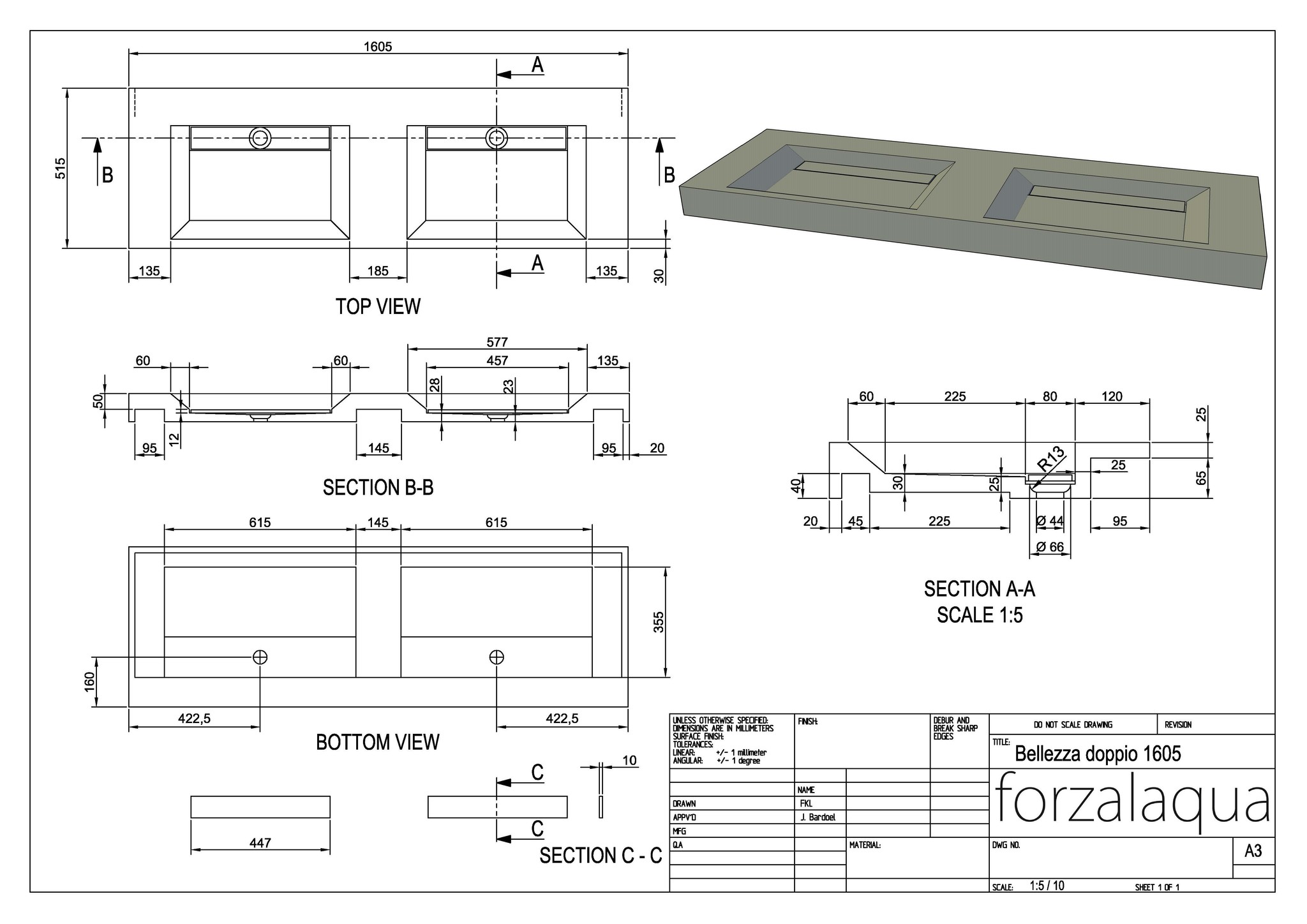 Forzalaqua Bellezza Doppio Wastafel - Graniet Gezoet - 160,5x51,5x9 cm