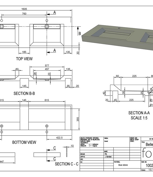 Forzalaqua Bellezza Doppio Wastafel - Travertin Gezoet - 160,5x51,5x9 cm
