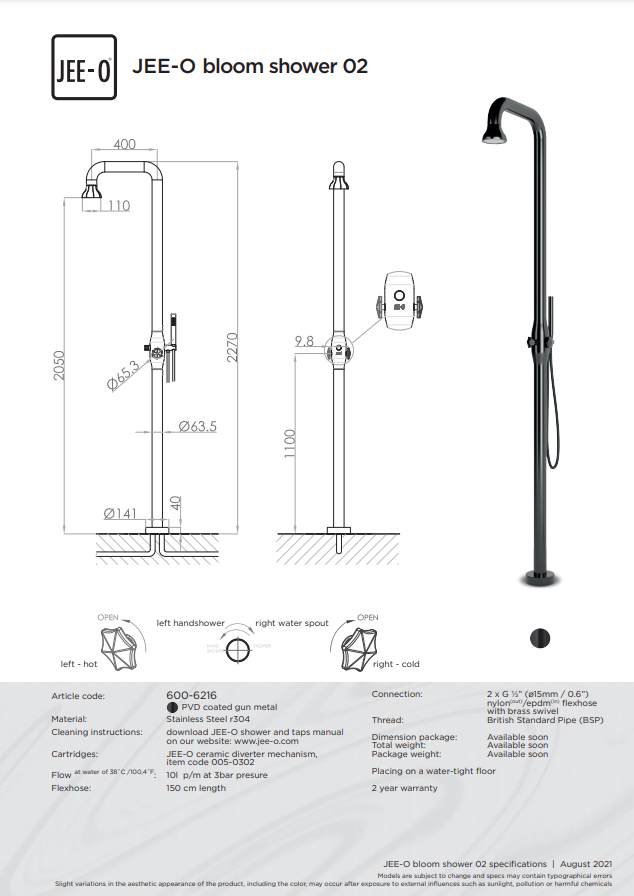 JEE-O BLOOM Douche 02 | Vrijstaand met Handdouche | Gun Metal