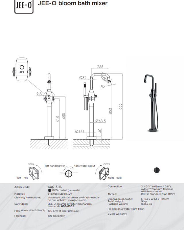 JEE-O BLOOM Badvuller | Met Handdouche | Gun Metal