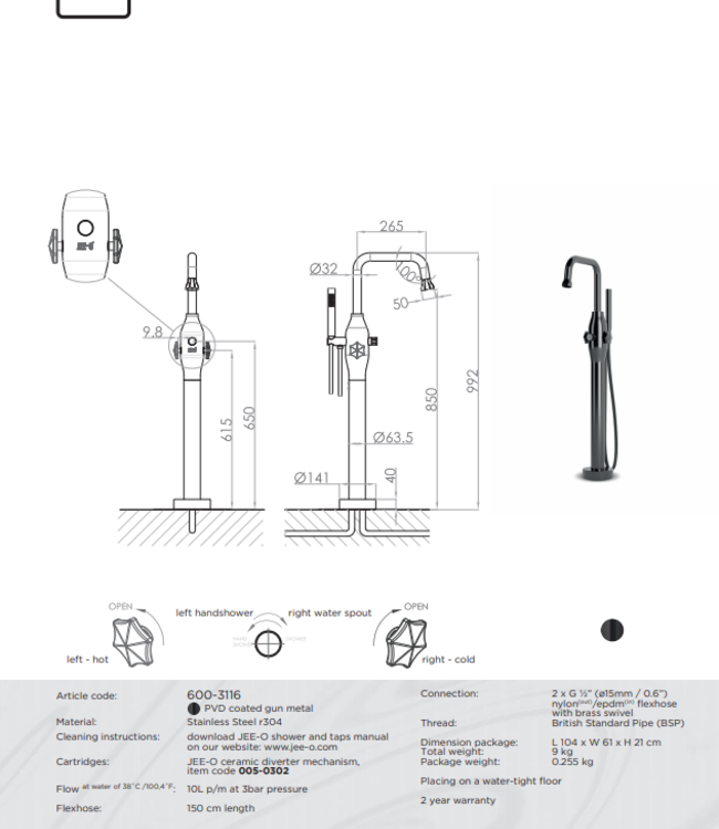 JEE-O BLOOM Badvuller | Met Handdouche | Gun Metal