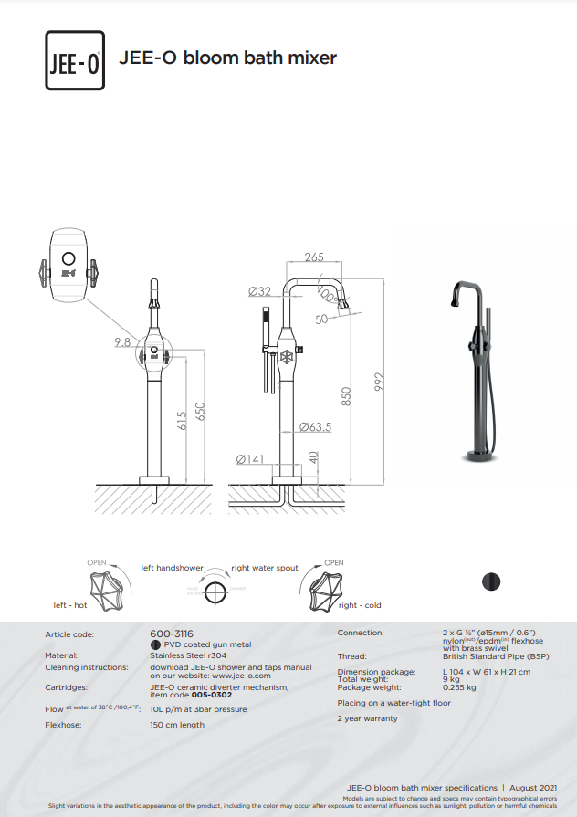 JEE-O BLOOM Badvuller | Met Handdouche | Gun Metal