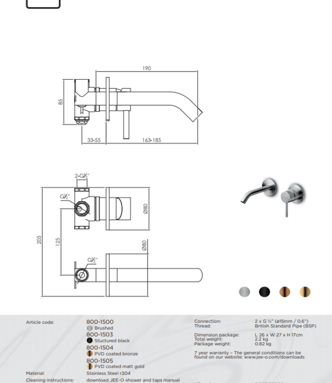 JEE-O Slimline Wand Wastafelkraan | Meerdere kleuren