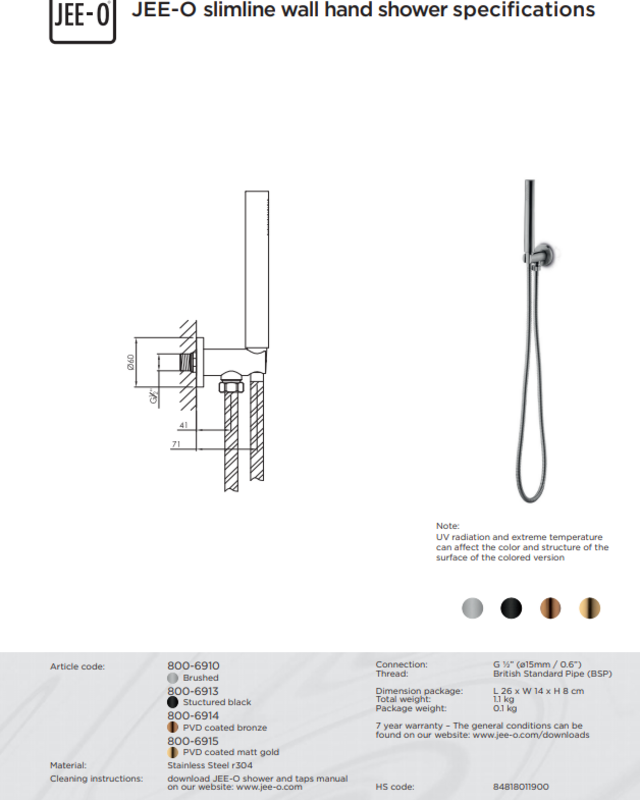 JEE-O Slimline Wand Douche Combinatie 01 | Met Handdouche | Meerdere kleuren