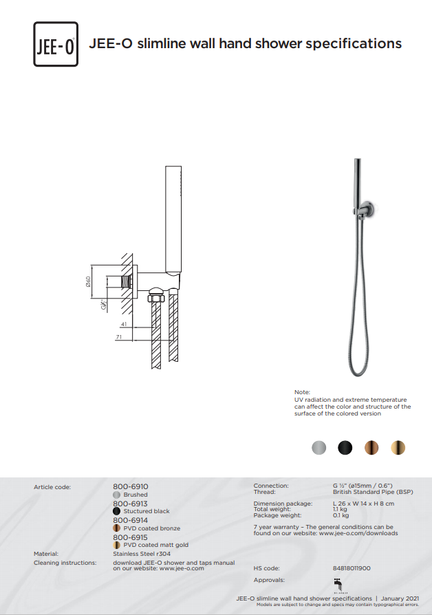 JEE-O Slimline Wand Douche Combinatie 01 | Met Handdouche | Meerdere kleuren