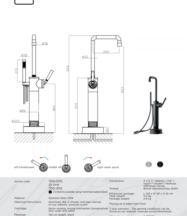 JEE-O SOHO Vrijstaande Badkraan | Met Eengreep-mengkraan en Handdouche