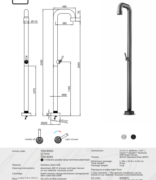 JEE-O SOHO Vrijstaande Douche 01 | Met Eengreep-mengkraan en Progressieve Cartridge