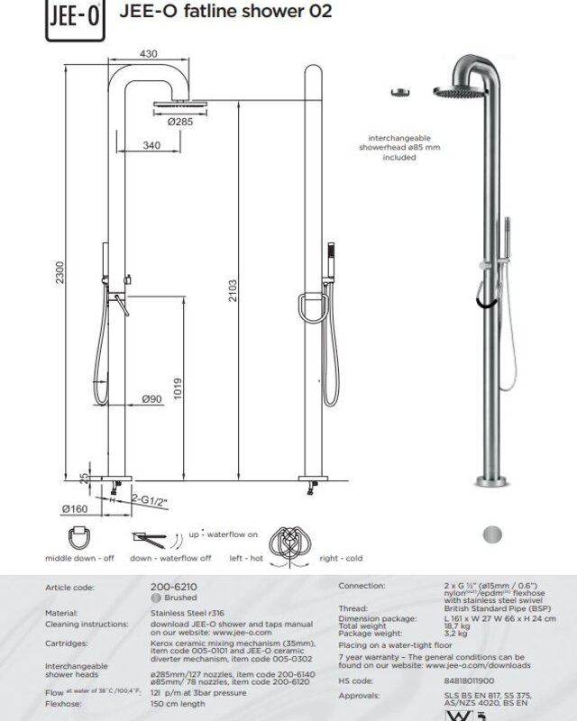 JEE-O Fatline Vrijstaande Douche 02 | Met Eengreep-mengkraan en Handdouche | H230 cm