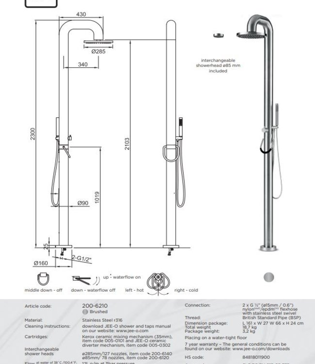 JEE-O Fatline Vrijstaande Douche 02 | Met Eengreep-mengkraan en Handdouche | H230 cm