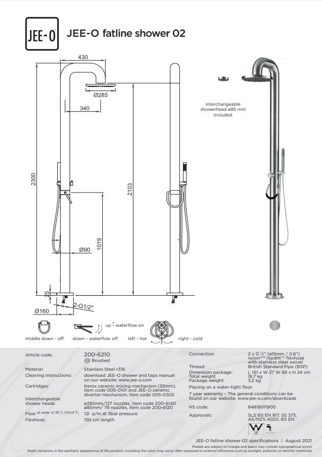 JEE-O Fatline Vrijstaande Douche 02 | Met Eengreep-mengkraan en Handdouche | H230 cm