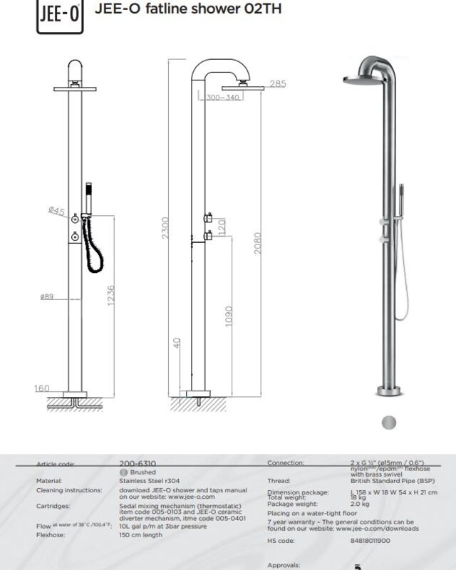 JEE-O Fatline Vrijstaande Douche 02TH | Met Thermostaat en Handdouche | H230 cm