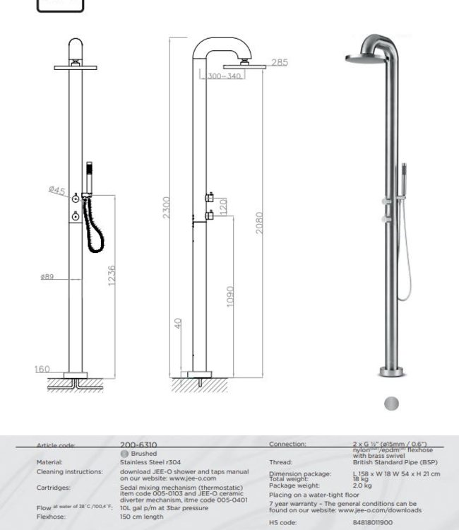 JEE-O Fatline Vrijstaande Douche 02TH | Met Thermostaat en Handdouche | H230 cm